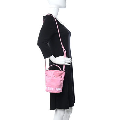 Balenciaga Recycled Sport Nylon Logo Embroidered Wheel Drawstring Bucket Bag XS Pink White 2 of 10