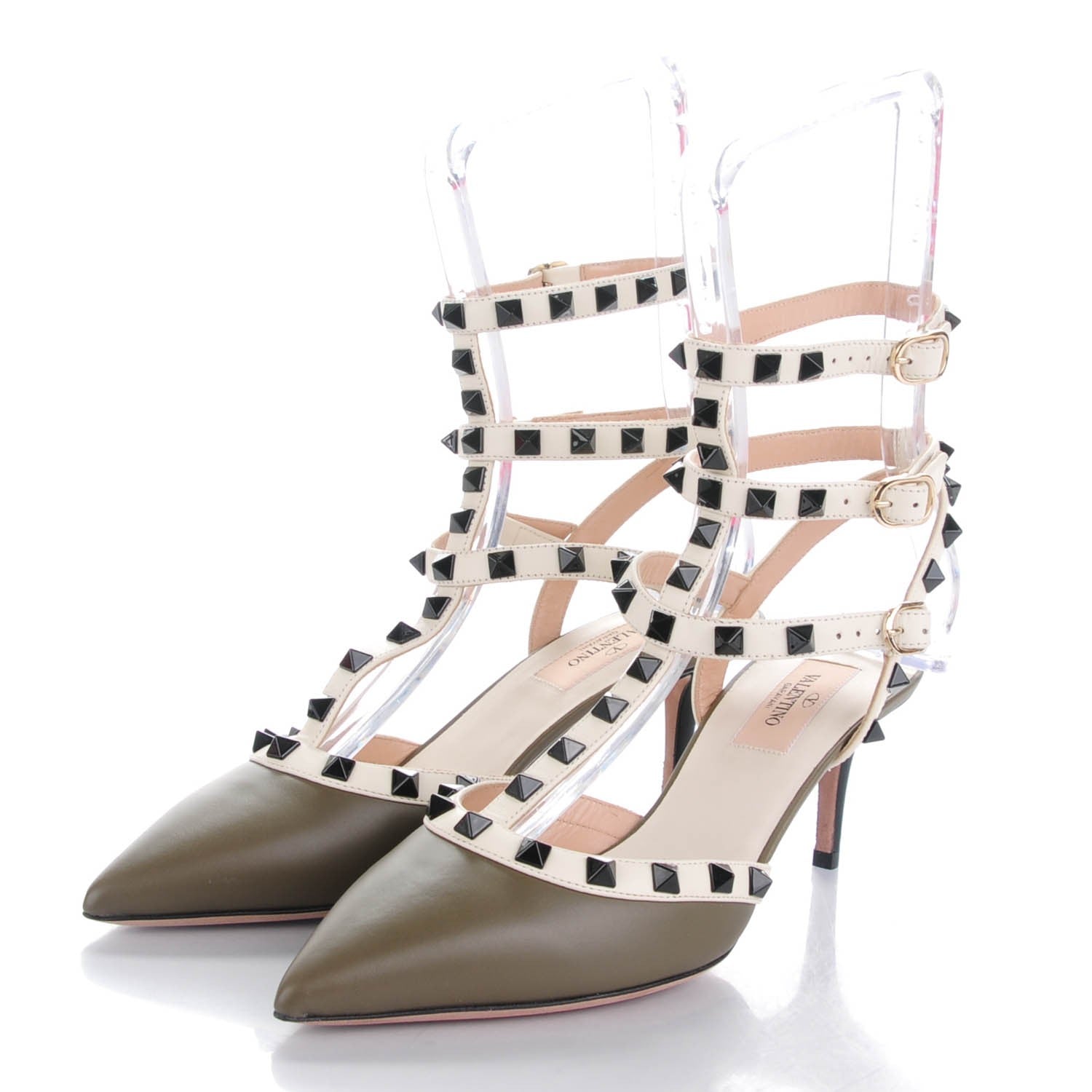 Valentino Garavani Nappa Rockstud Ankle Strap 65mm Pumps 37 Army Green Light Ivory 3 of 8