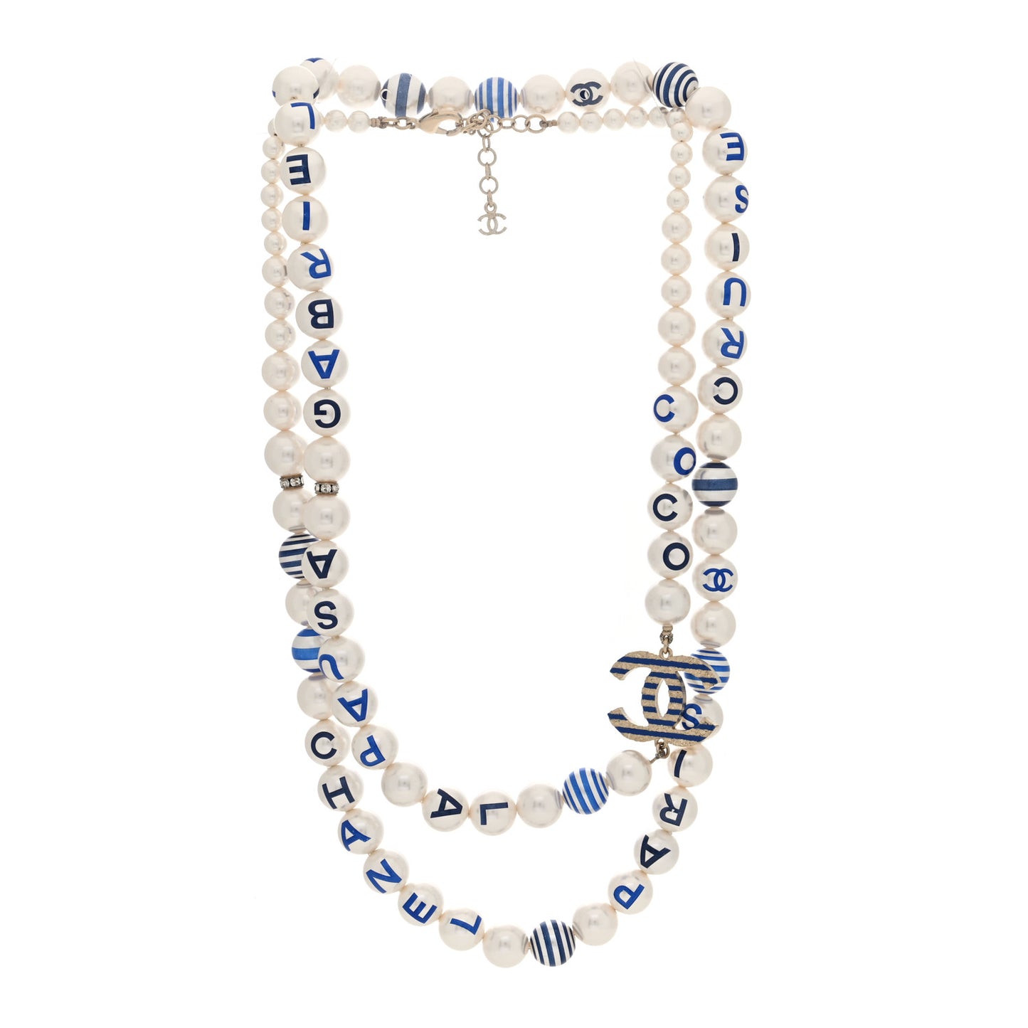 Graduated Resin Pearl Striped CC Logo Long Necklace White Blue