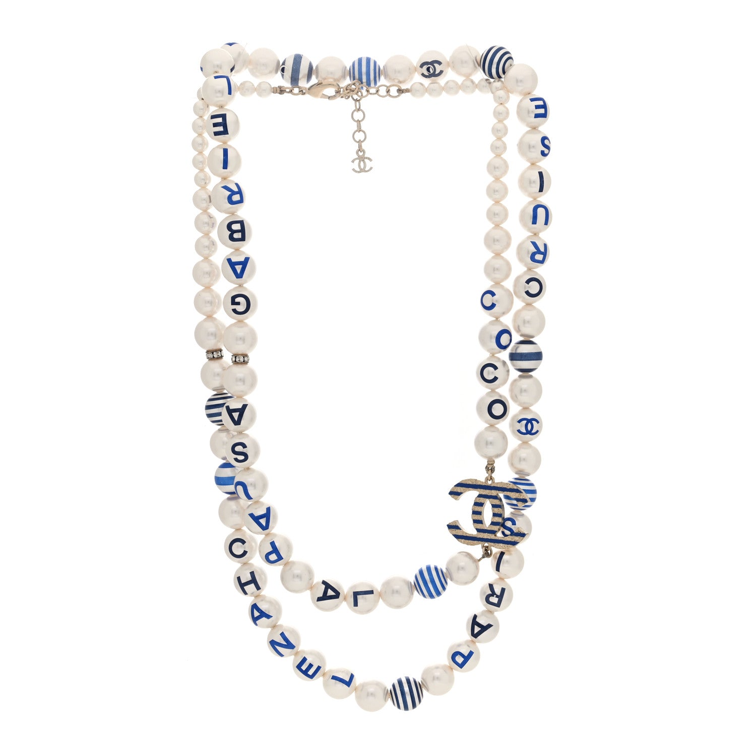 Chanel Graduated Resin Pearl Striped CC Logo Long Necklace White Blue 3 of 5