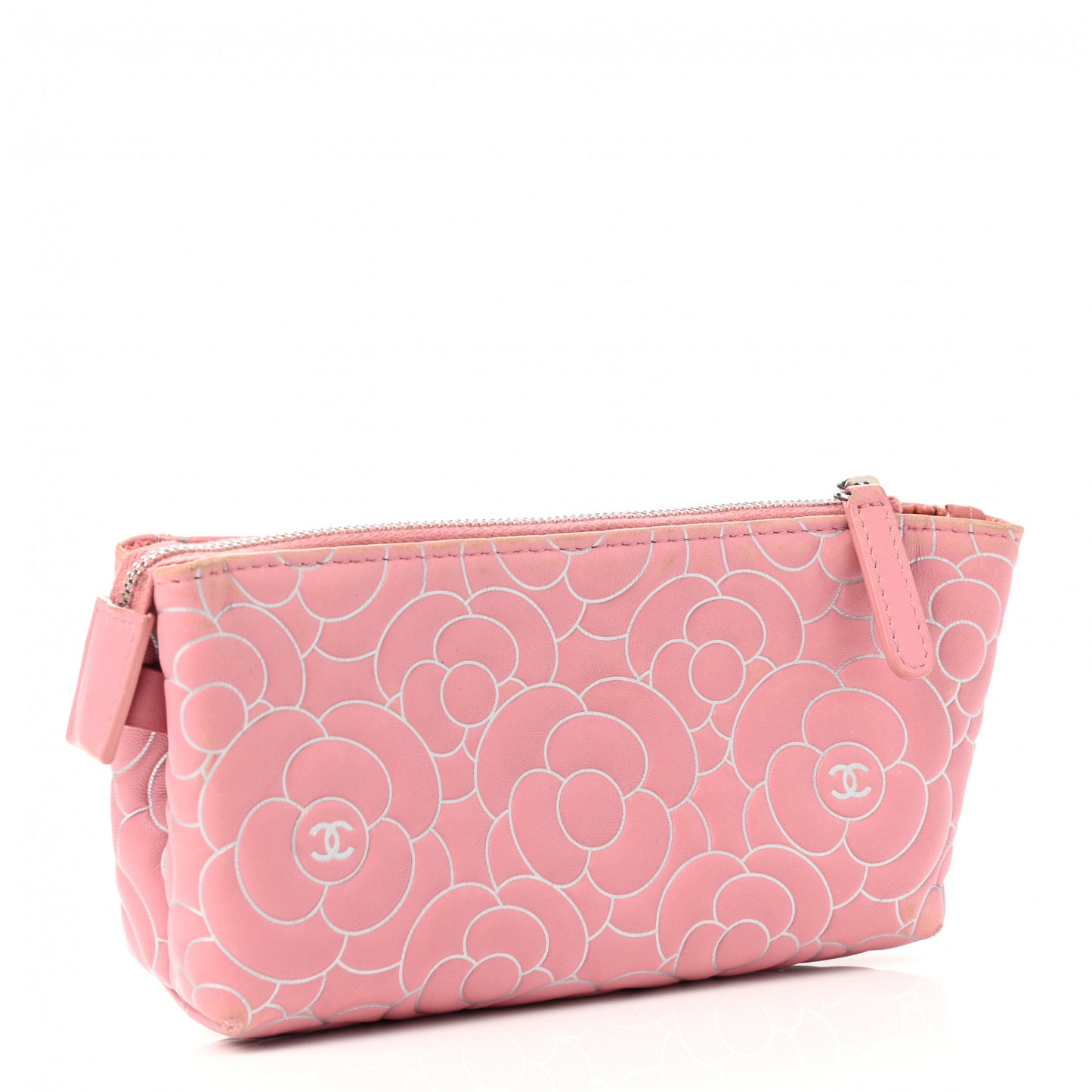 Lambskin Camellia Embossed Cosmetic Pouch Pink