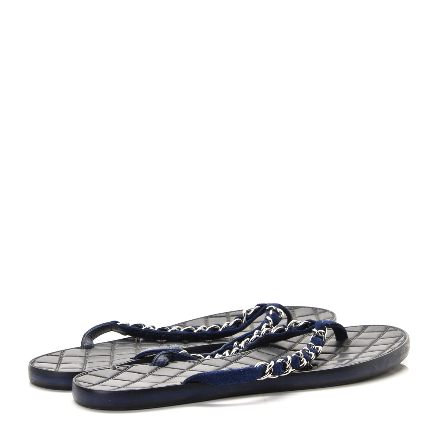 Suede Calfskin Quilted Chain Thong Sandals 38.5 Navy Blue