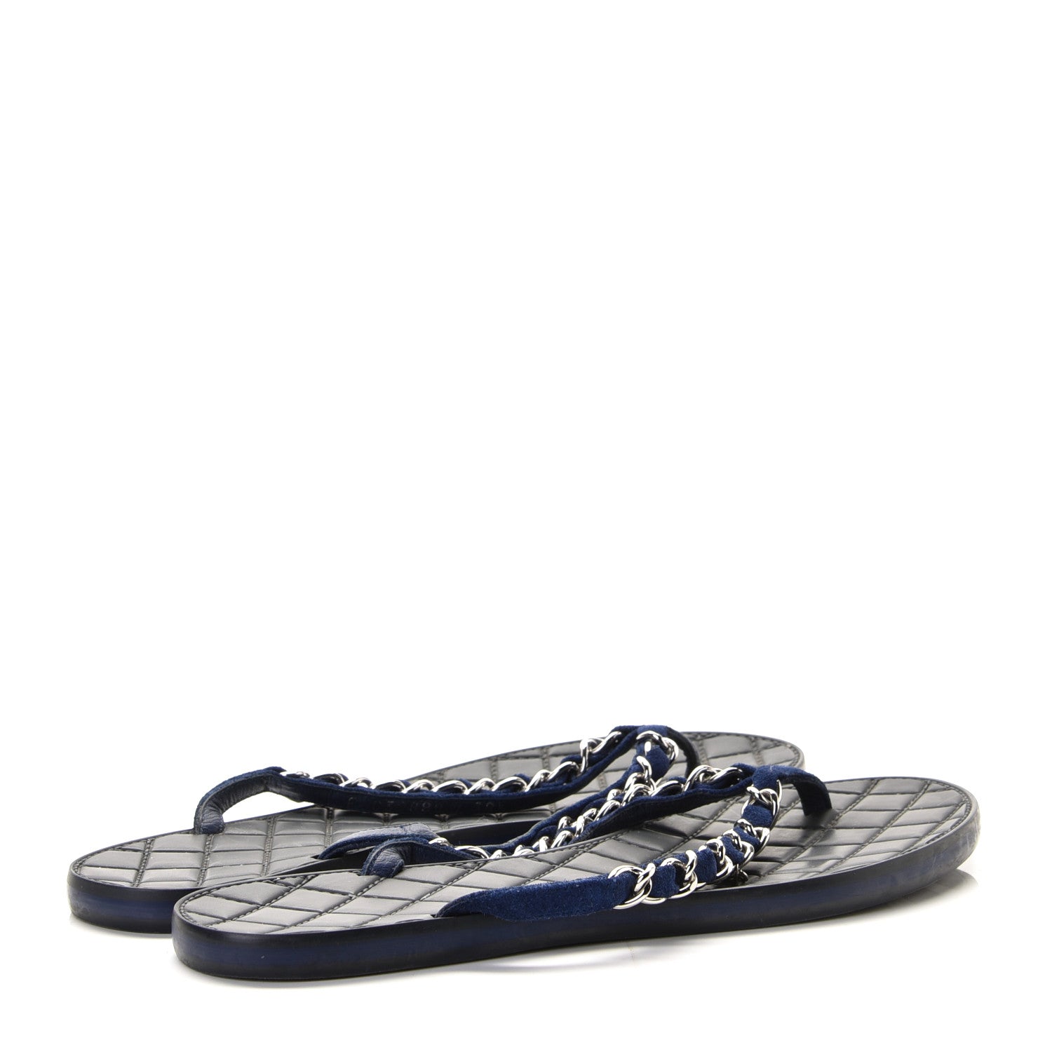 Chanel Suede Calfskin Quilted Chain Thong Sandals 38.5 Navy Blue 3 of 9