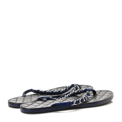 Chanel Suede Calfskin Quilted Chain Thong Sandals 38.5 Navy Blue 3 of 9