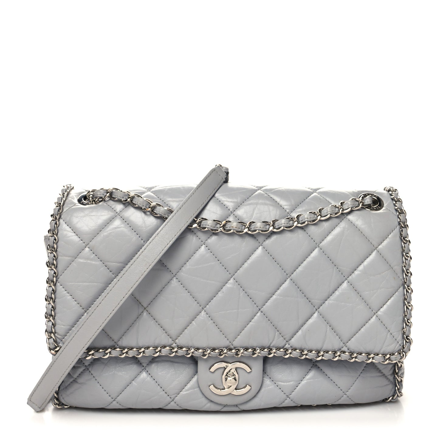 Crumpled Calfskin Large Chain All Over Flap Grey