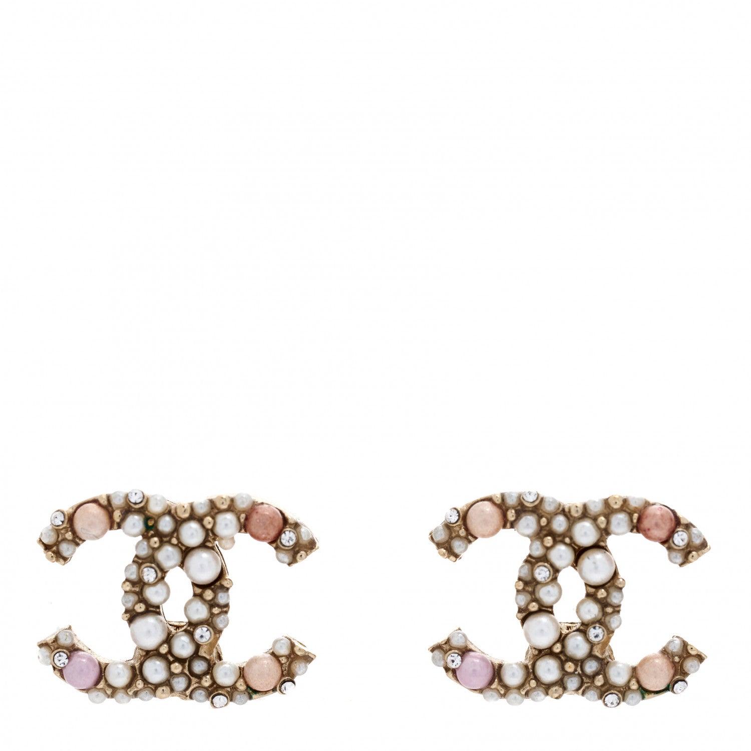 Chanel Pearl Crystal CC Charms Stud Earrings Light Gold Pink 1 of 5