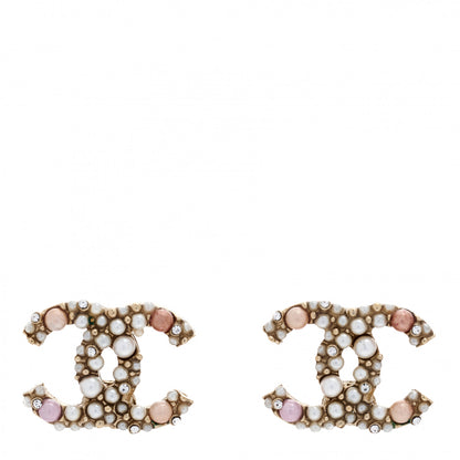 Chanel Pearl Crystal CC Charms Stud Earrings Light Gold Pink 1 of 5