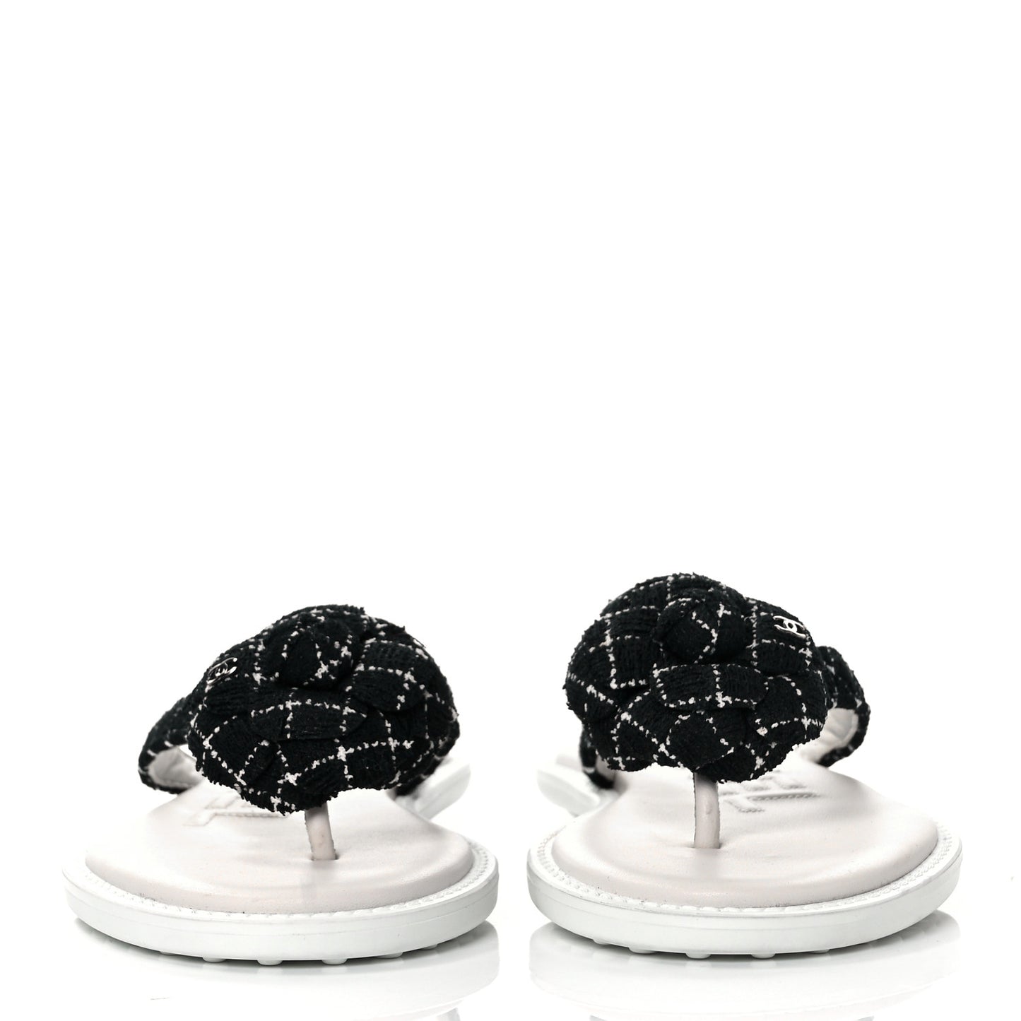 Tweed Quilted Camellia Thong Sandals 37.5 Black White
