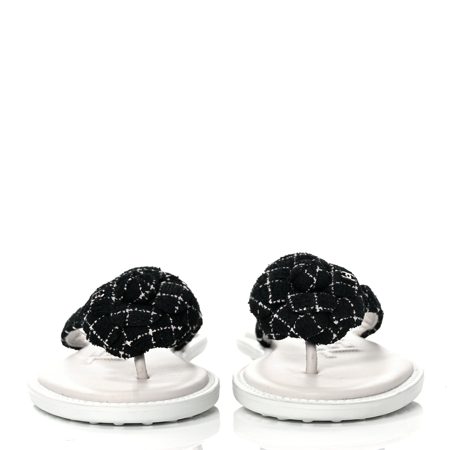 Chanel Tweed Quilted Camellia Thong Sandals 37.5 Black White 2 of 8