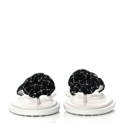 Chanel Tweed Quilted Camellia Thong Sandals 37.5 Black White 2 of 8