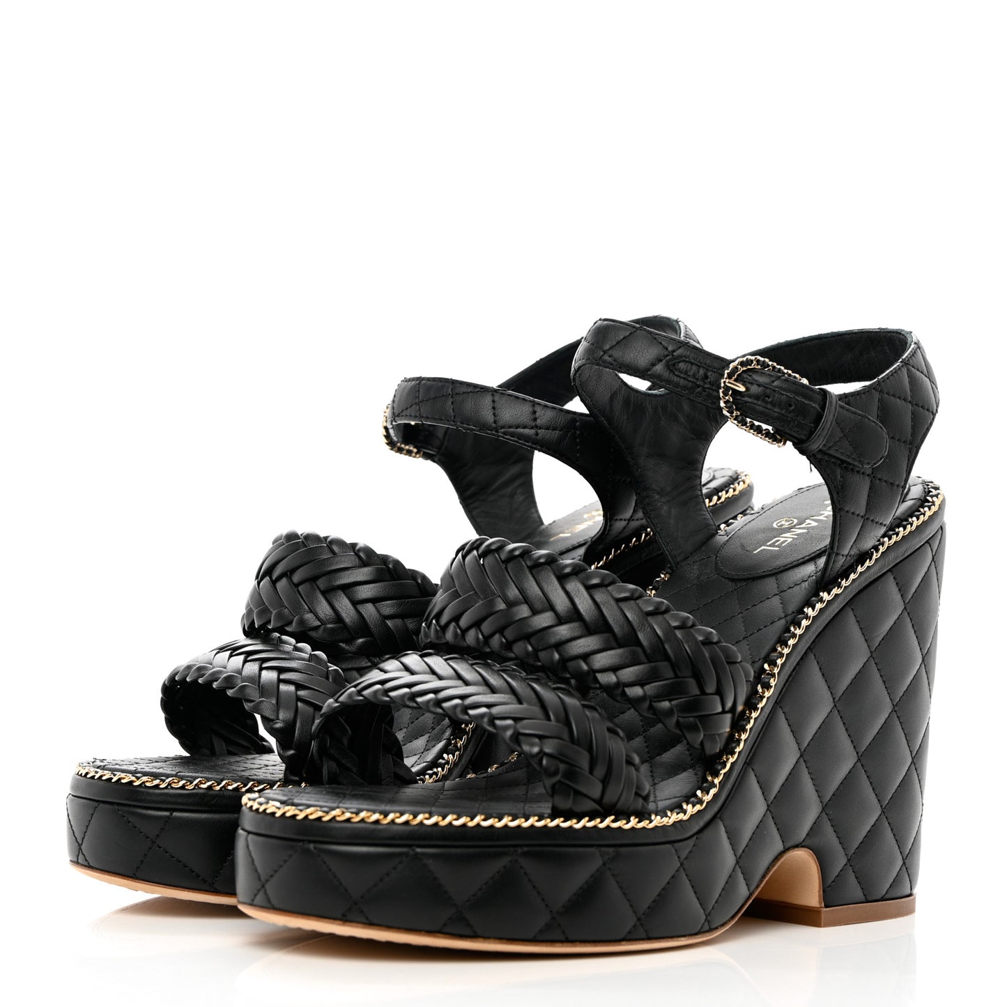 Calfskin Quilted Chain Around Wedge Sandals 41 Black