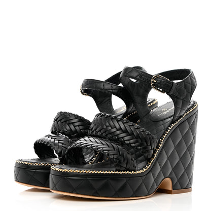 Chanel Calfskin Quilted Chain Around Wedge Sandals 41 Black 3 of 7
