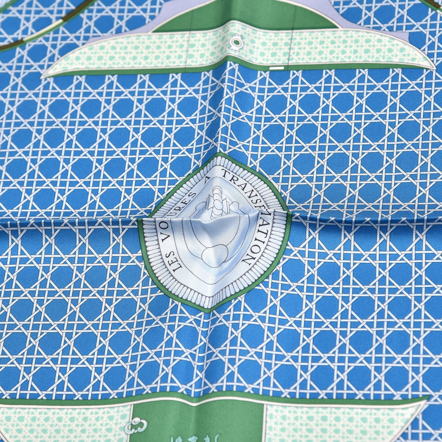 Hermes Silk Les Voitures A Transformation Scarf 90 Bleu Cobalt Ivorie Vert 7 of 7