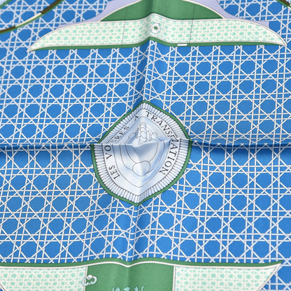 Hermes Silk Les Voitures A Transformation Scarf 90 Bleu Cobalt Ivorie Vert 7 of 7