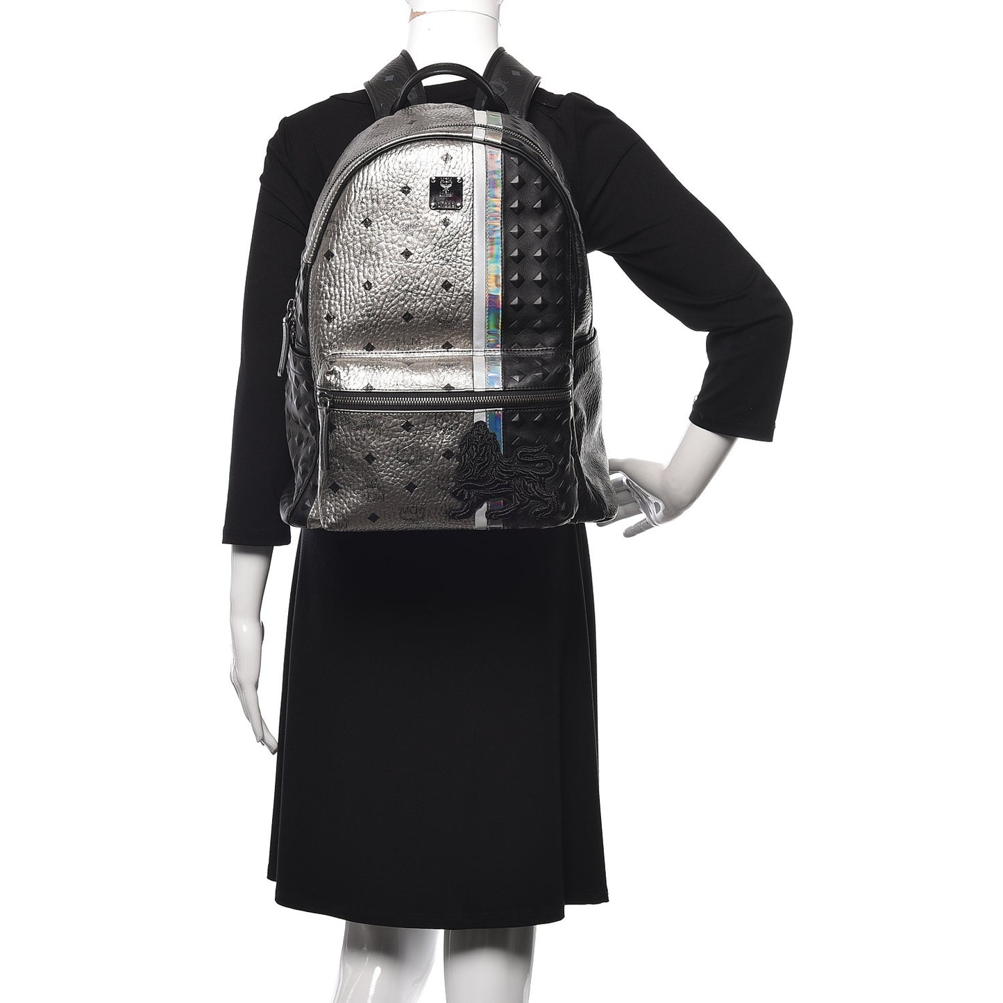 Metallic Visetos Calfskin Medium Studded Munich Lion Stark Backpack Silver Black
