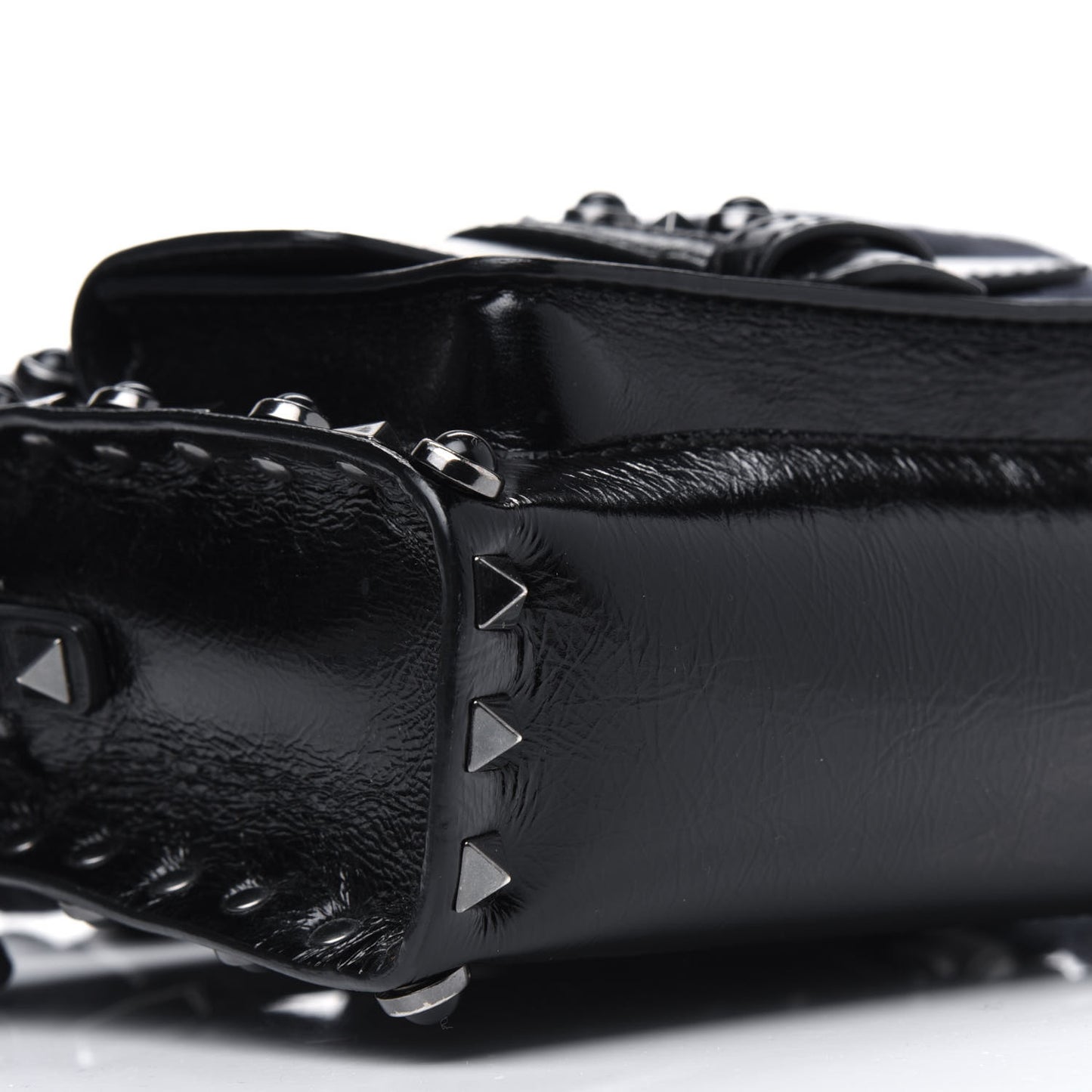 Craquele Calfskin Small Guitar Strap Rockstud Rolling Flap Pocket Shoulder Bag Black