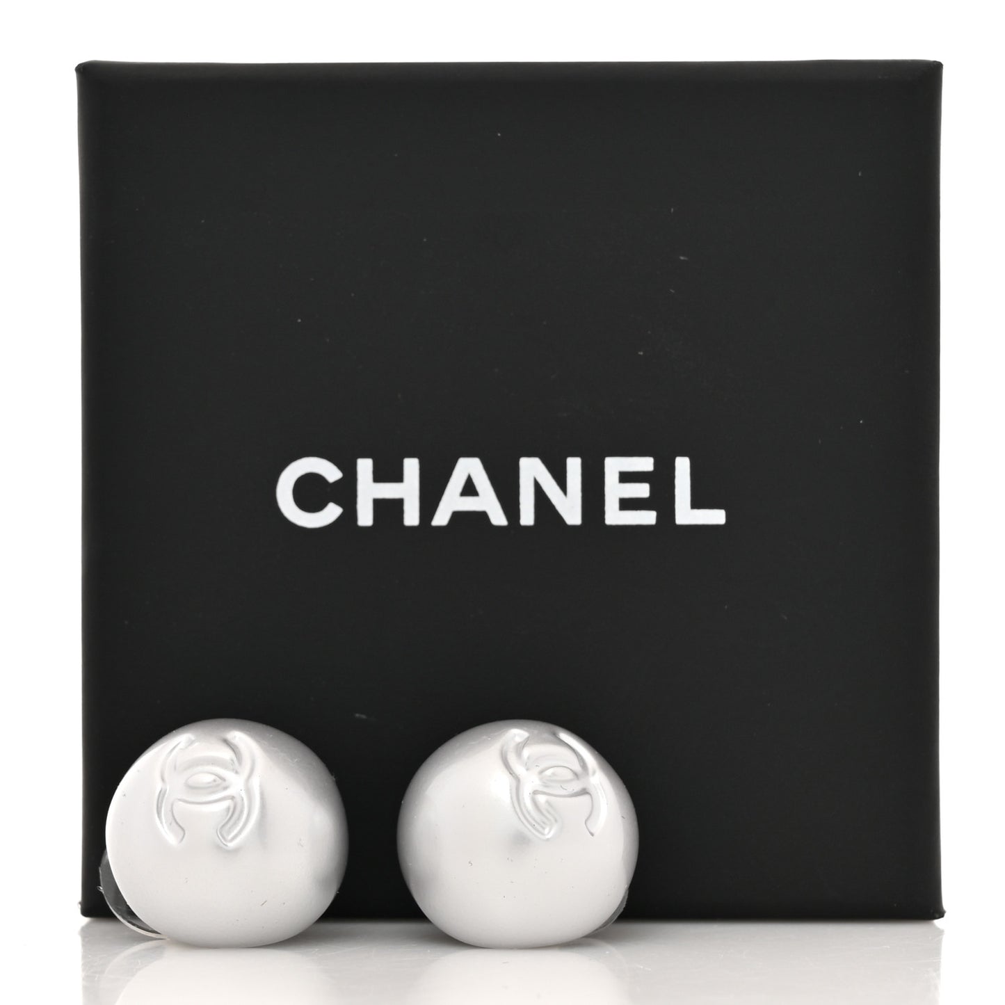 Resin Metal CC Stud Earrings Silver Pearly White