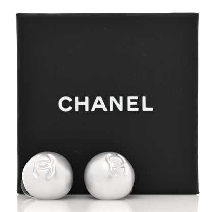 Chanel Resin Metal CC Stud Earrings Silver Pearly White 5 of 5