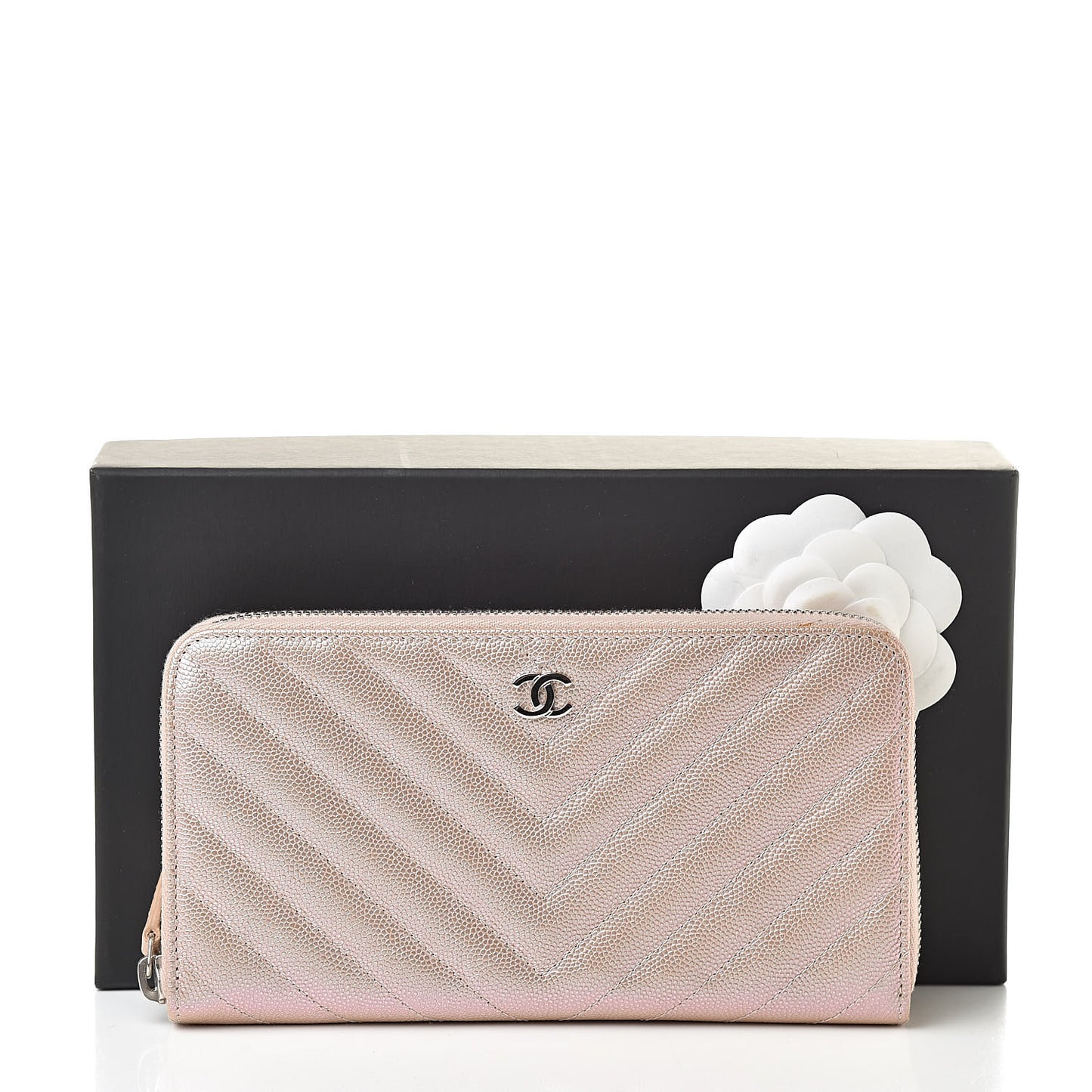 Metallic Caviar Chevron Quilted Large Gusset Zip Around Wallet Light Gold