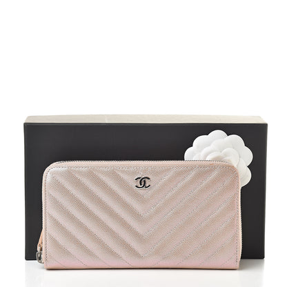 Chanel Metallic Caviar Chevron Quilted Large Gusset Zip Around Wallet Light Gold 10 of 10