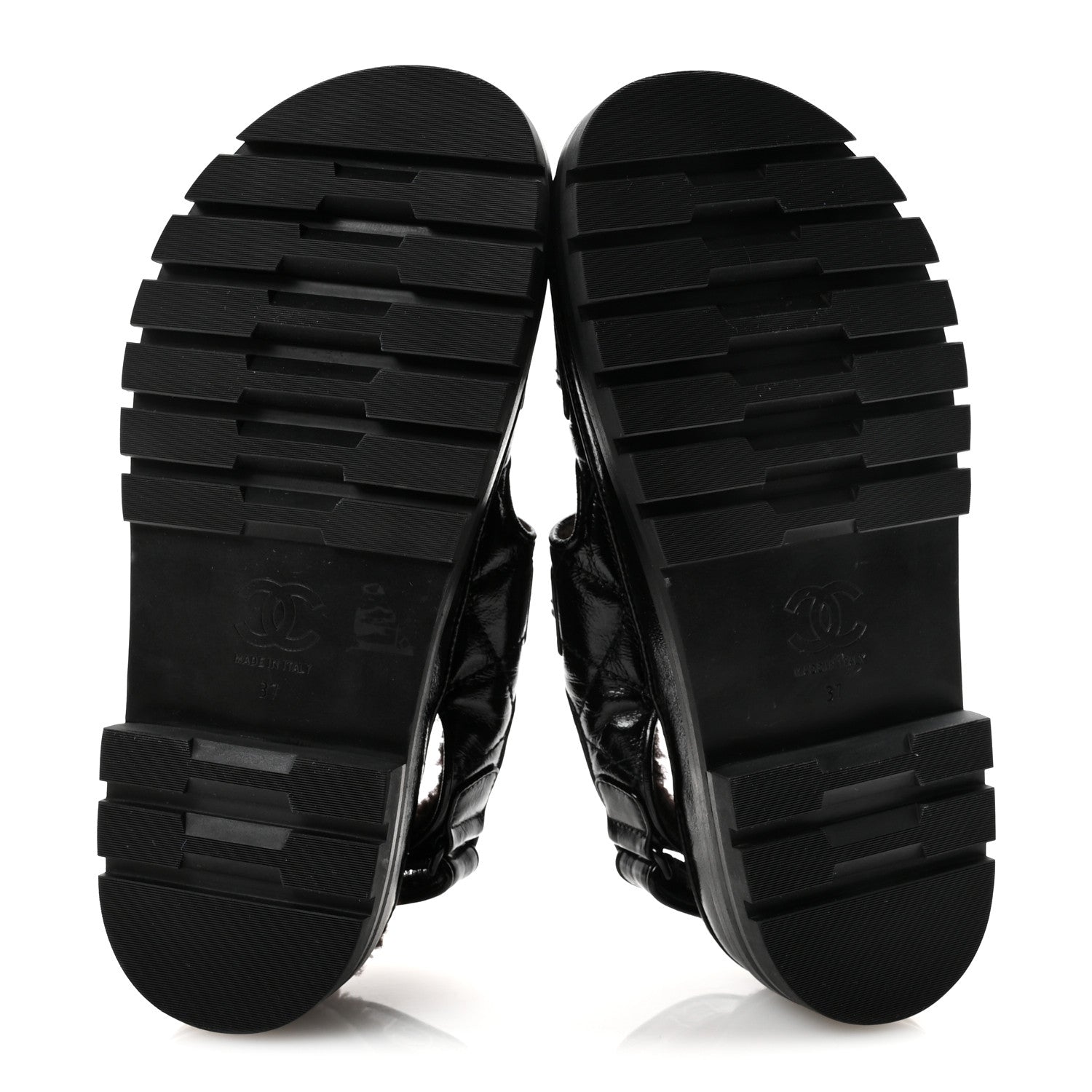 Chanel Laminated Lambskin Shearling Crystal CC Velcro Dad Platform Sandals 37 Black 6 of 10