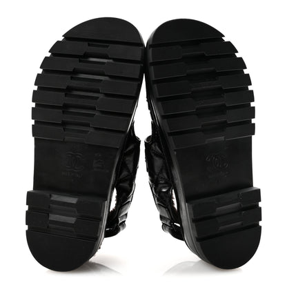 Chanel Laminated Lambskin Shearling Crystal CC Velcro Dad Platform Sandals 37 Black 6 of 10
