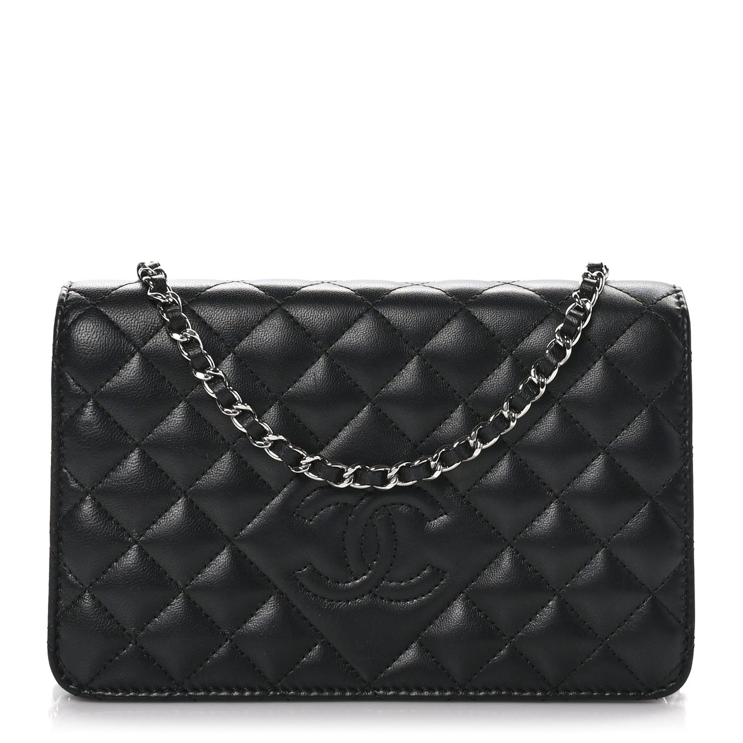 Lambskin Quilted Diamond CC Wallet On Chain WOC Black