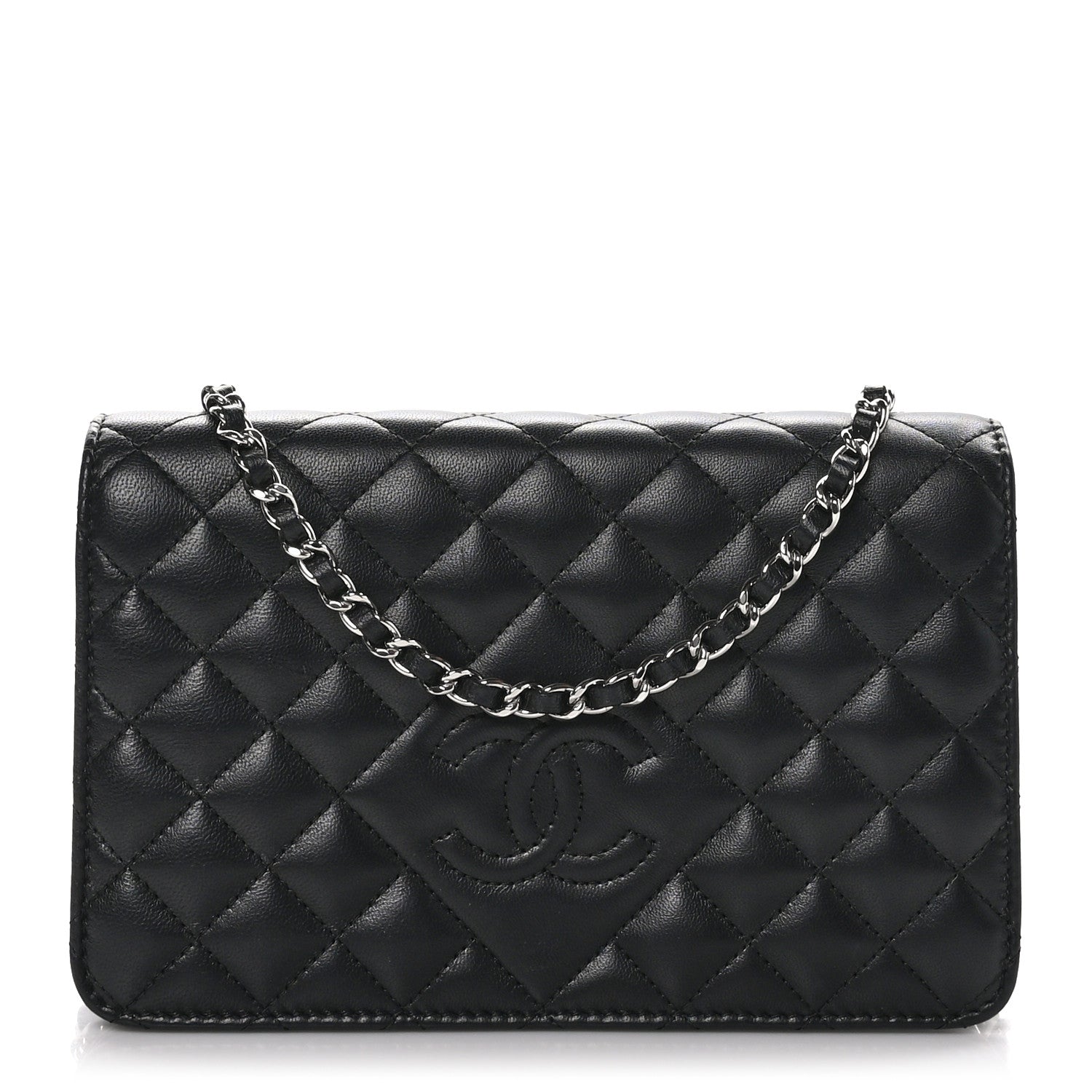 Chanel Lambskin Quilted Diamond CC Wallet On Chain WOC Black 1 of 12