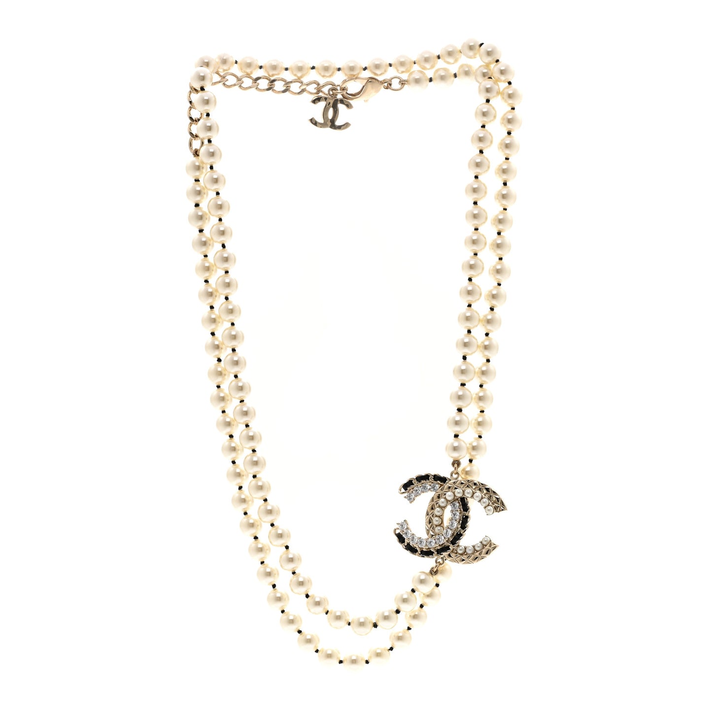 Pearl Crystal Lambskin CC Long Necklace Gold Black
