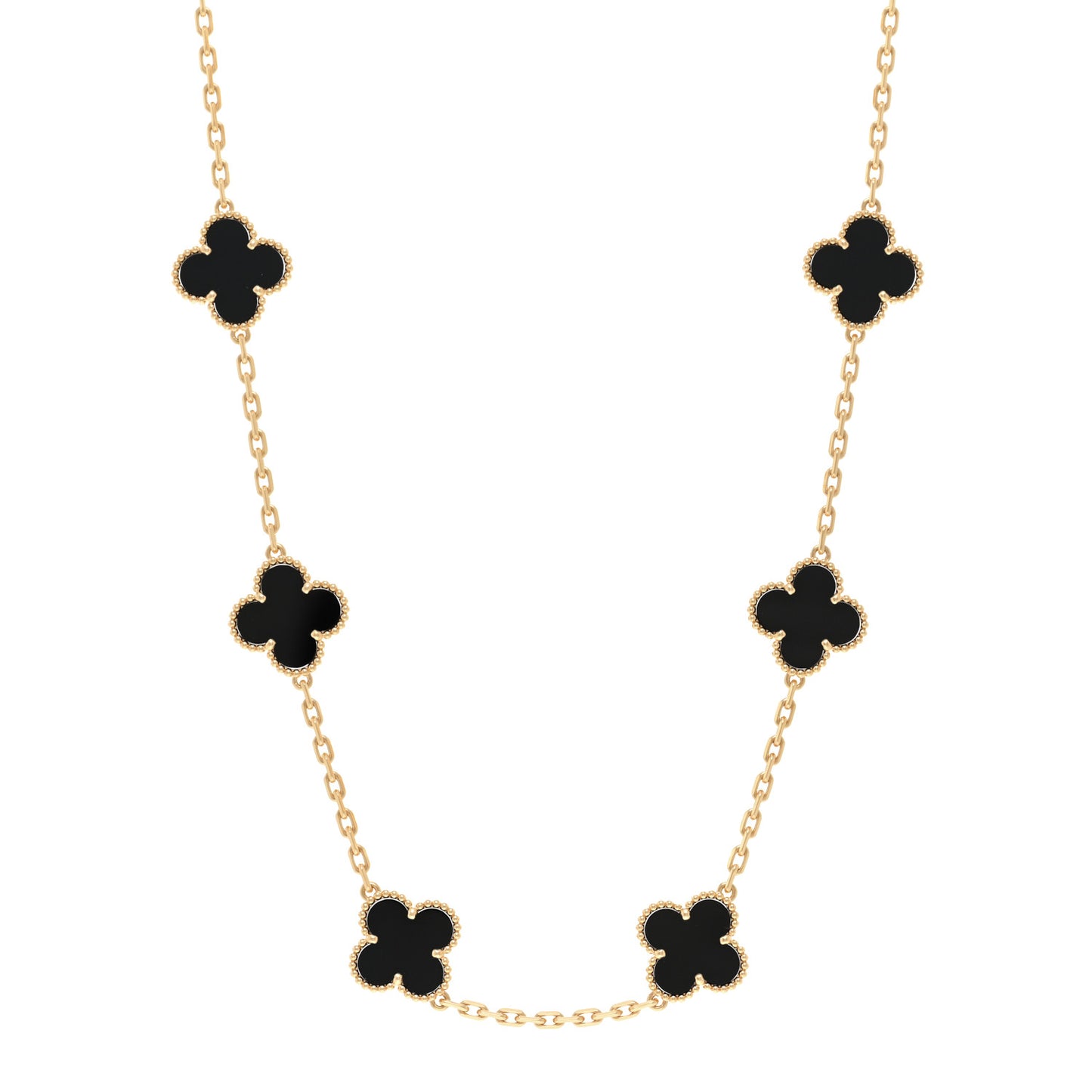 18K Yellow Gold Black Onyx 10 Motifs Vintage Alhambra Necklace
