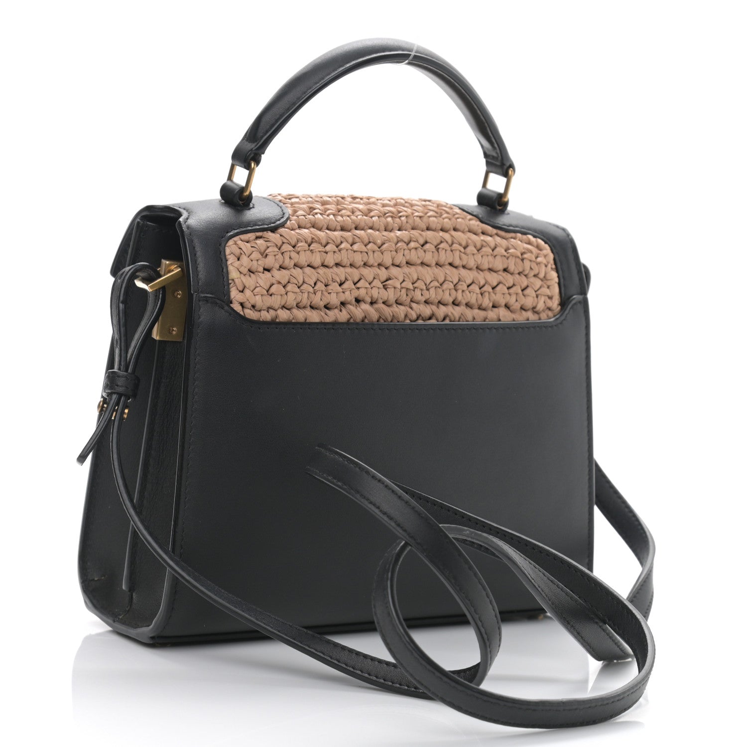 Saint Laurent Raffia Calfskin Mini Classic Monogram Cassandra Top Handle Black Natural 2 of 11