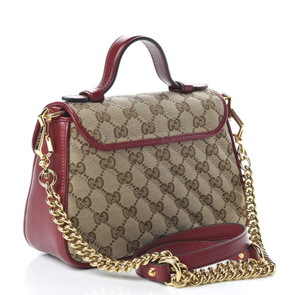 Gucci Monogram Glazed Calfskin Matelasse Diagonal Mini GG Marmont Top Handle Shoulder Bag Beige Ebony New Cherry Red 3 of 10