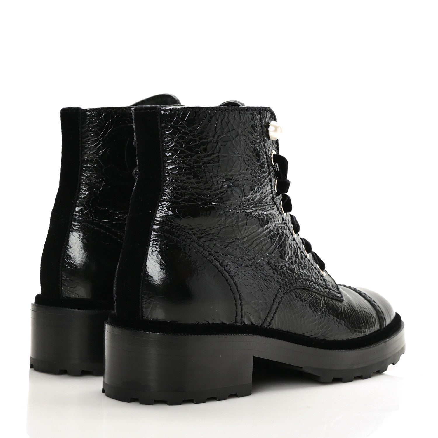 Chanel Shiny Calfskin Velvet Pearl Combat Short Boots 38 Black 4 of 7