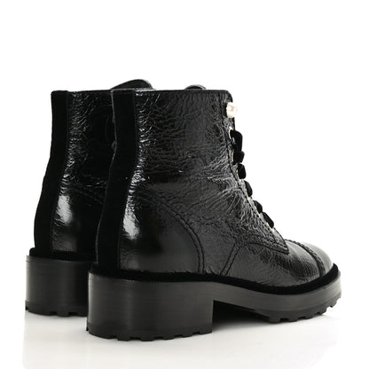Chanel Shiny Calfskin Velvet Pearl Combat Short Boots 38 Black 4 of 7