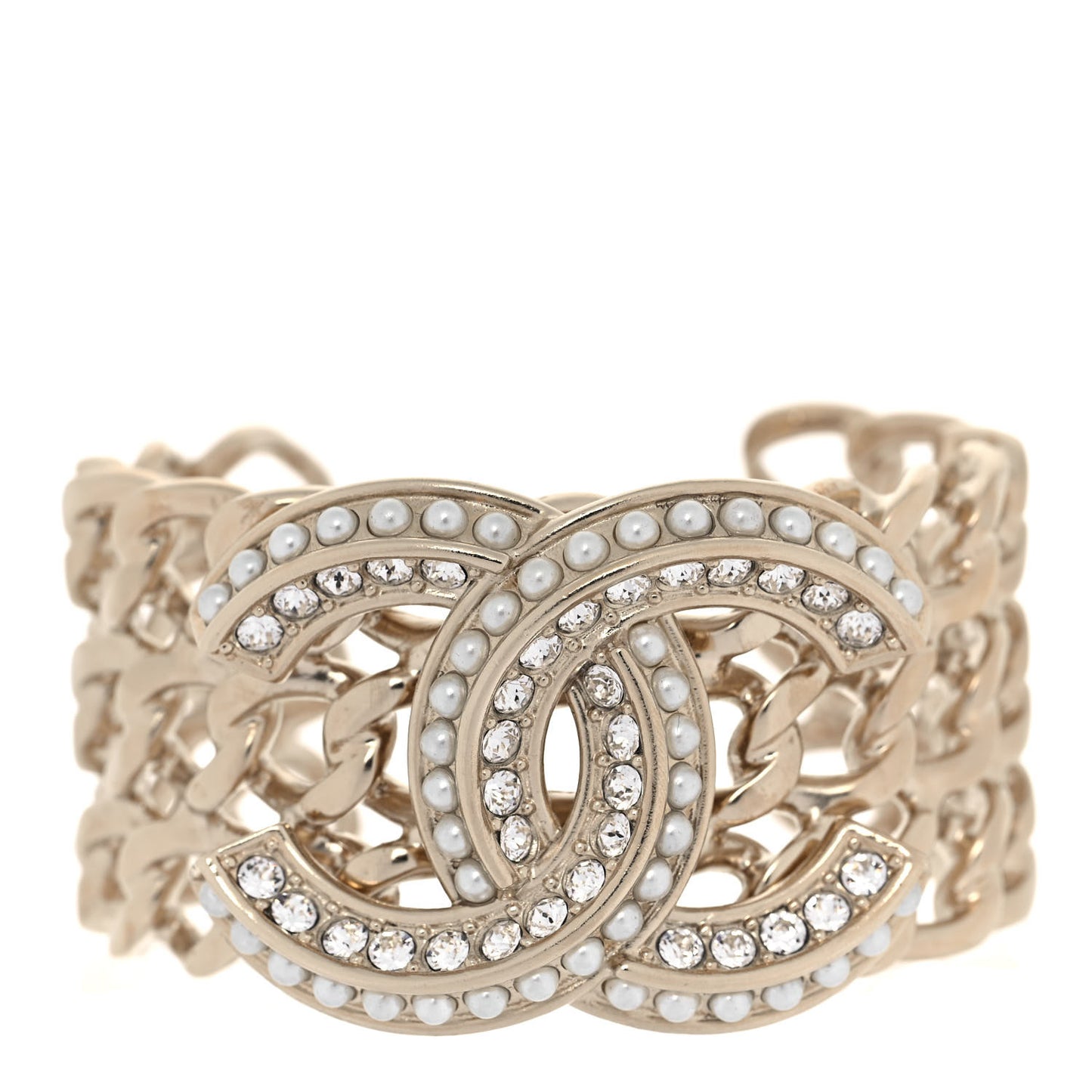 Crystal Pearl Chain CC Cuff Gold