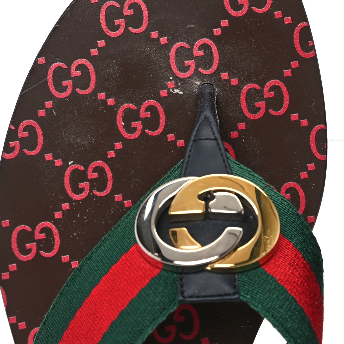 Nylon Calfskin Web GG Monogram Womens Thong Sandals 41 Green Red Cocoa