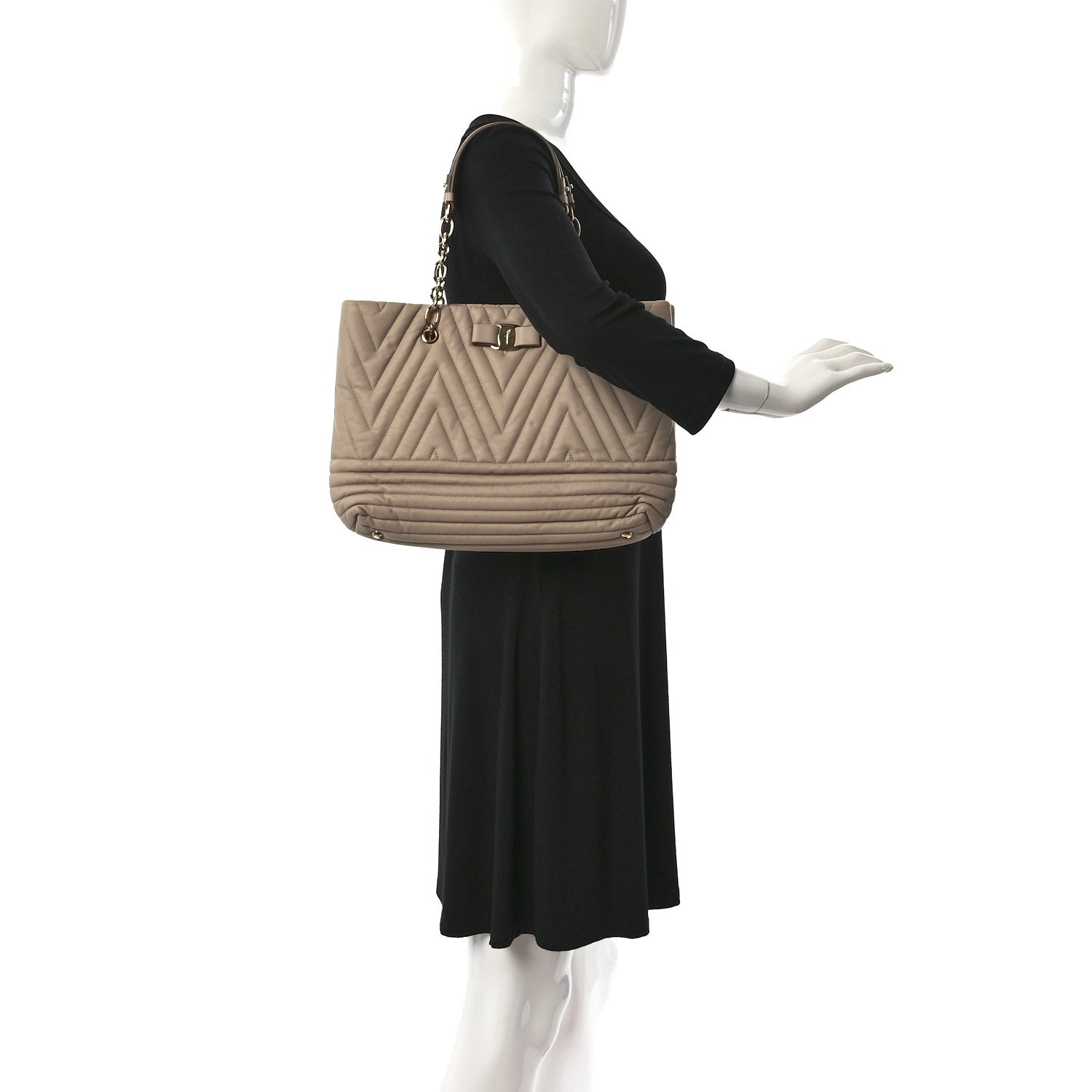 Salvatore Ferragamo Calfskin Chevron Quilted Vara Bow Chain Tote Light Pink 2 of 9