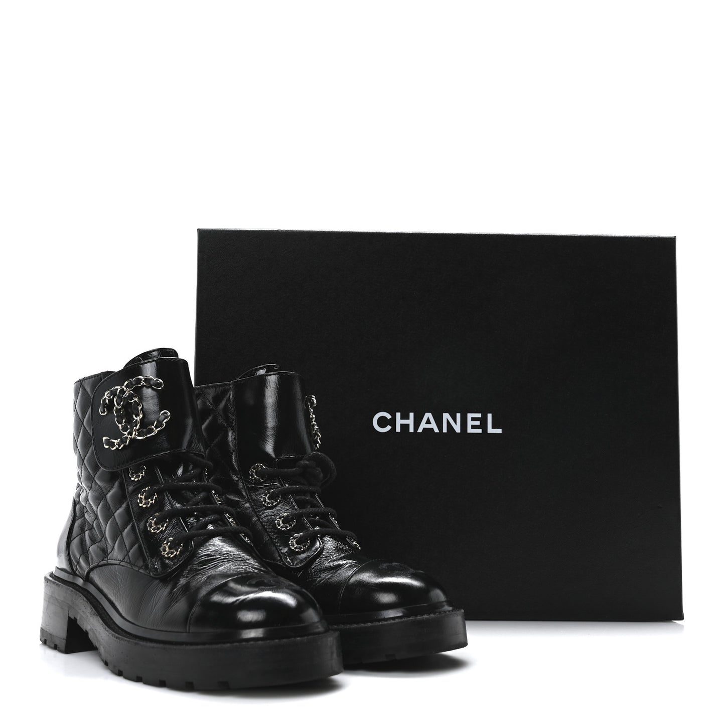 Shiny Calfskin Quilted Lace Up Combat Boots 36 Black
