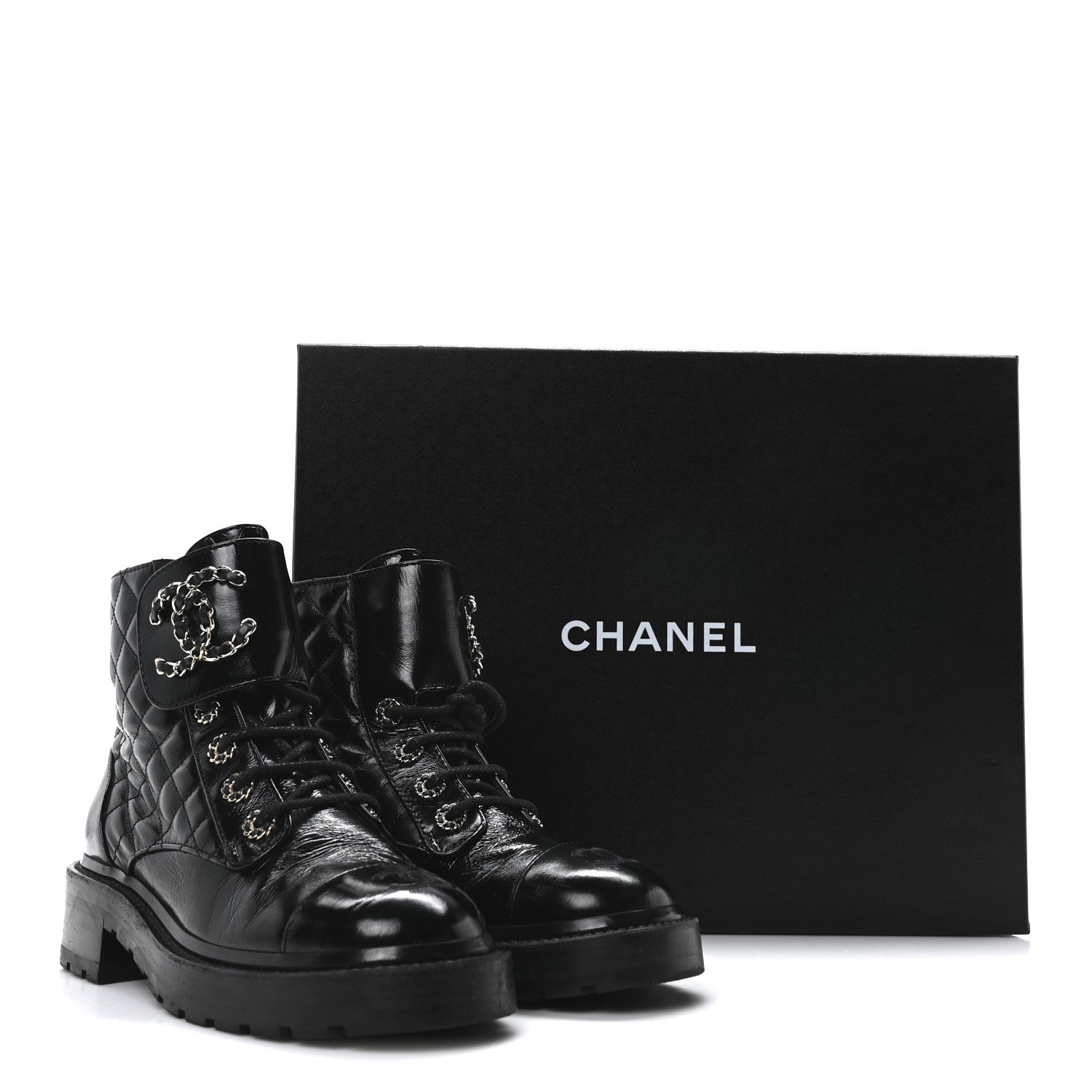 Chanel Shiny Calfskin Quilted Lace Up Combat Boots 36 Black 10 of 10