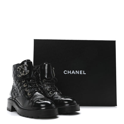Chanel Shiny Calfskin Quilted Lace Up Combat Boots 36 Black 10 of 10