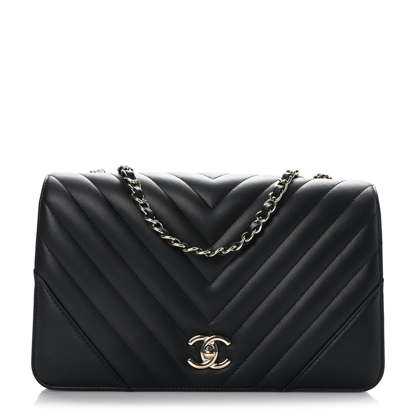 Calfskin Chevron Quilted Large Statement Flap Black