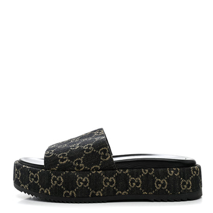 Gucci Jacquard Black Denim GG Monogram Angelina Platform 55mm Slide Sandals 41 Black Ivory 1 of 9