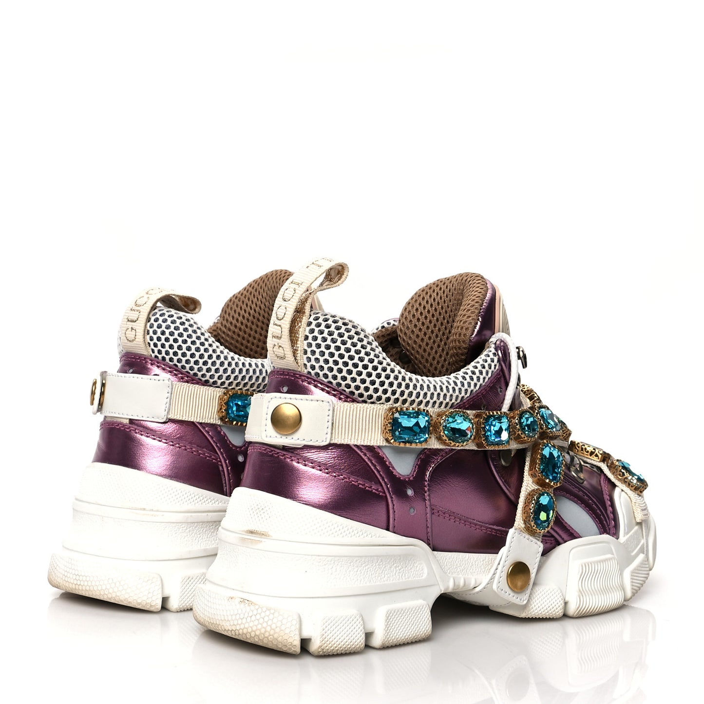 X SEGA Metallic Calfskin Mesh Removable Crystals Womens Flashtrek Sneakers 35.5 Rosa Great White Silver