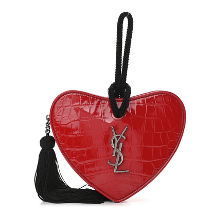 Saint Laurent Patent Crocodile Embossed Sac Coeur Heart Shaped Clutch Red 1 of 8
