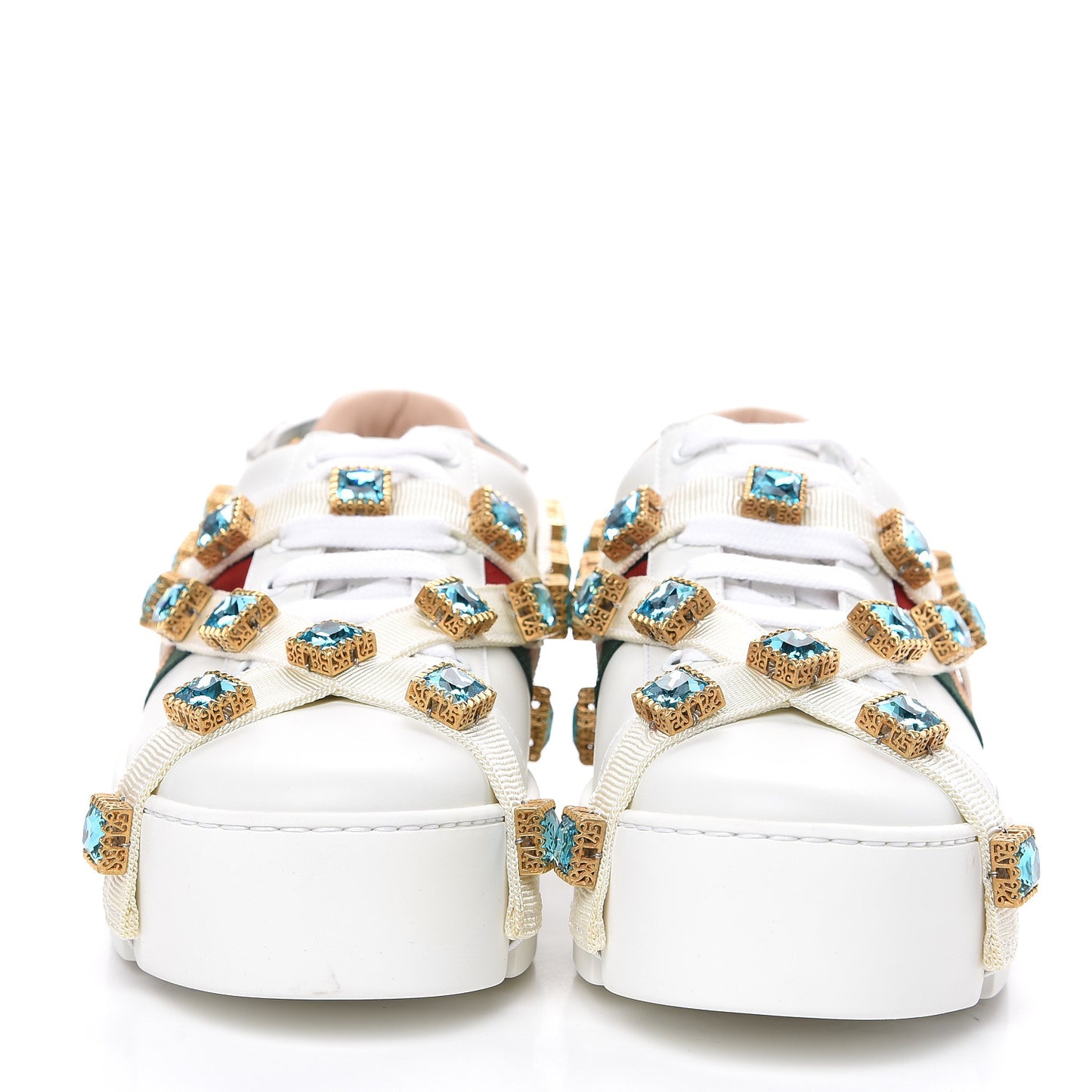 Calfskin Removable Crystals Bee Embroidered Womens Ace Platform Sneakers 37.5 White
