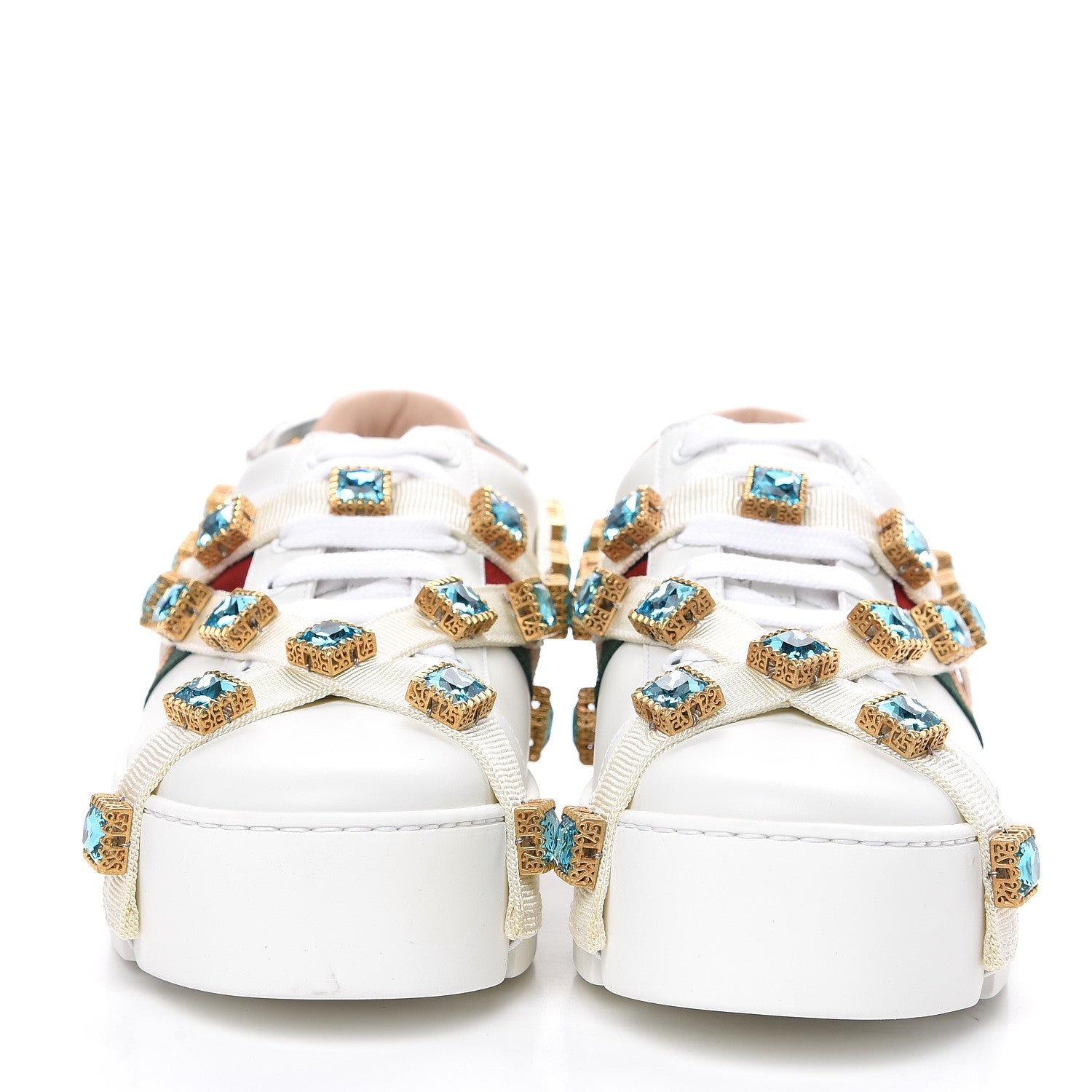 Gucci Calfskin Removable Crystals Bee Embroidered Womens Ace Platform Sneakers 37.5 White 2 of 9