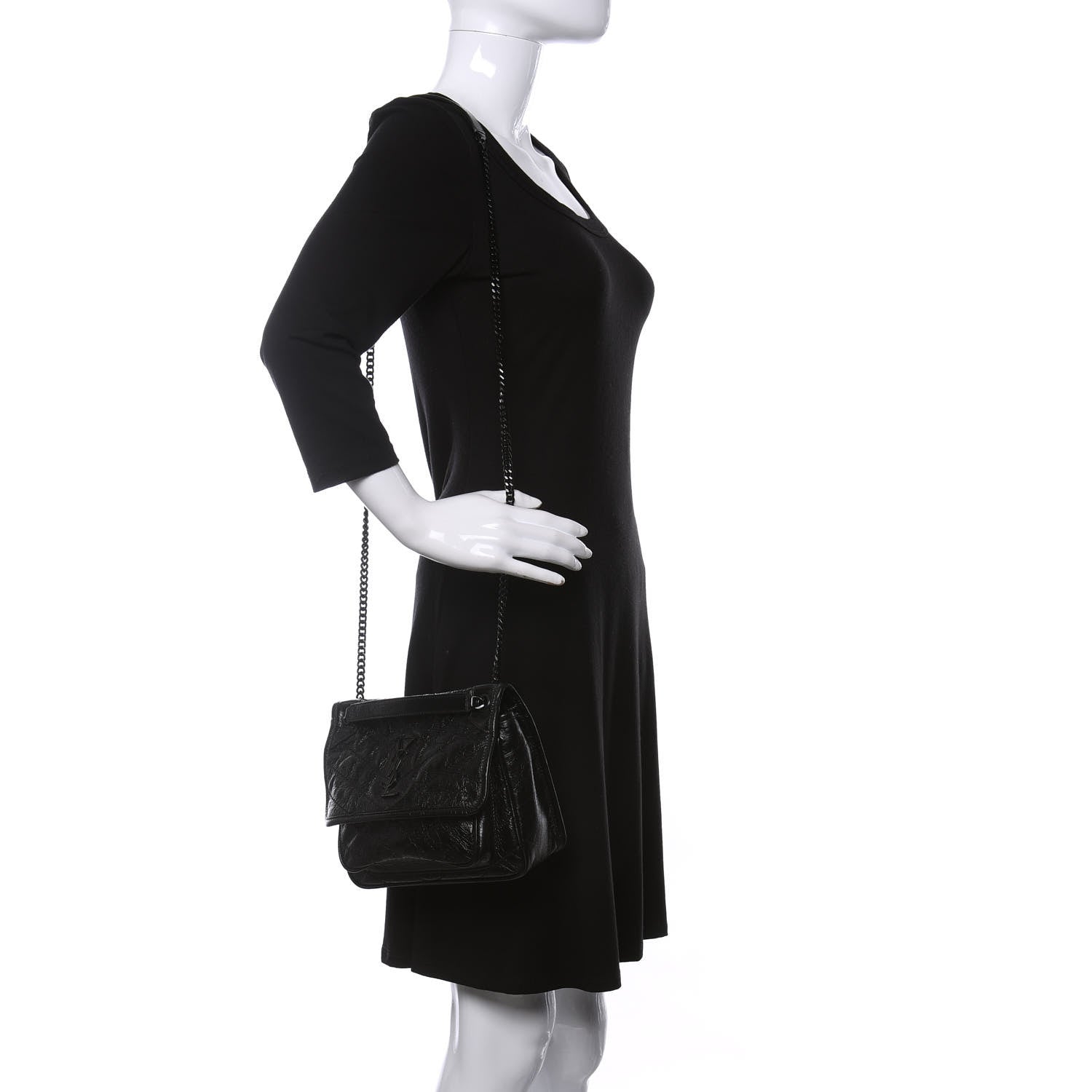 Saint Laurent Crinkled Calfskin Matelasse Monogram Baby Niki Chain Satchel Black 2 of 11