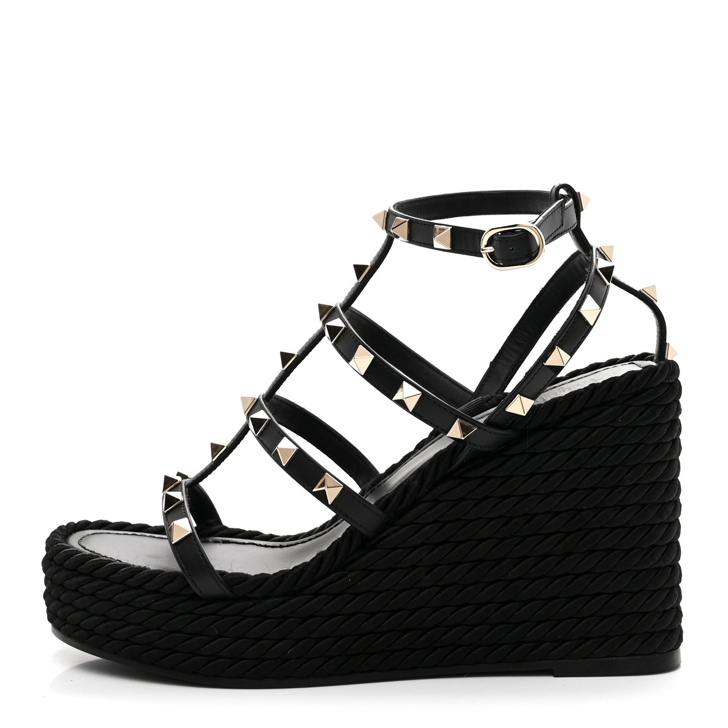Calfskin Rockstud Ankle Strap Torchon Espadrille Caged 25/95mm Wedge Sandals 37 Black