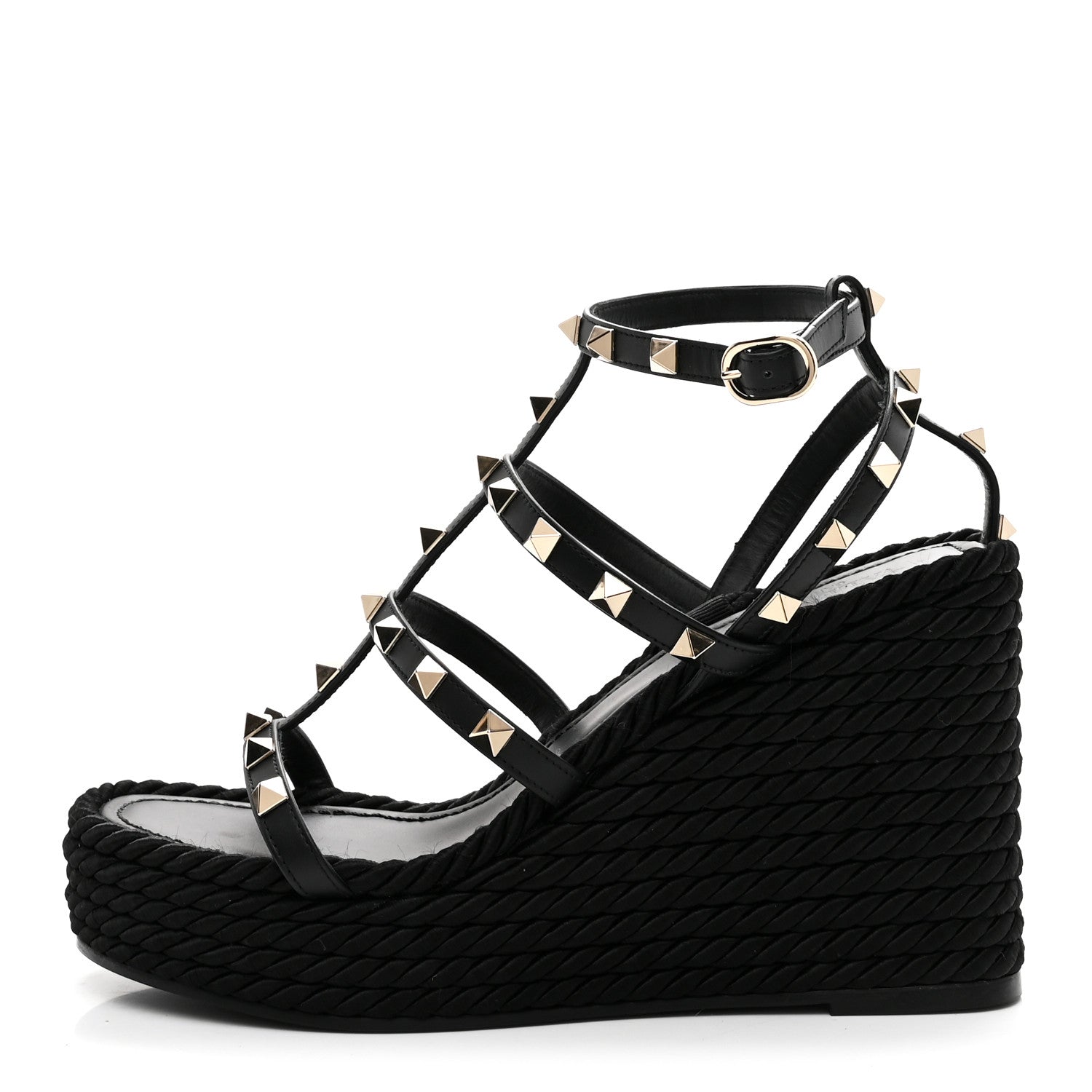 Valentino Garavani Calfskin Rockstud Ankle Strap Torchon Espadrille Caged 25/95mm Wedge Sandals 37 Black 1 of 9
