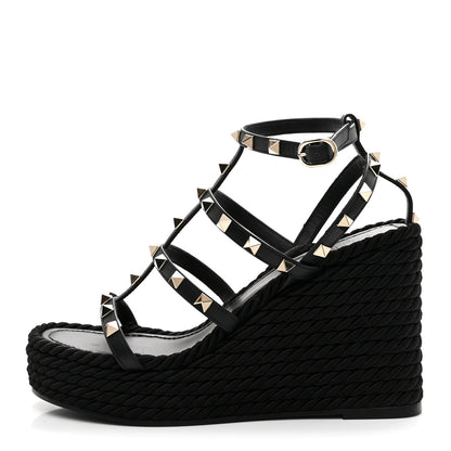 Valentino Garavani Calfskin Rockstud Ankle Strap Torchon Espadrille Caged 25/95mm Wedge Sandals 37 Black 1 of 9